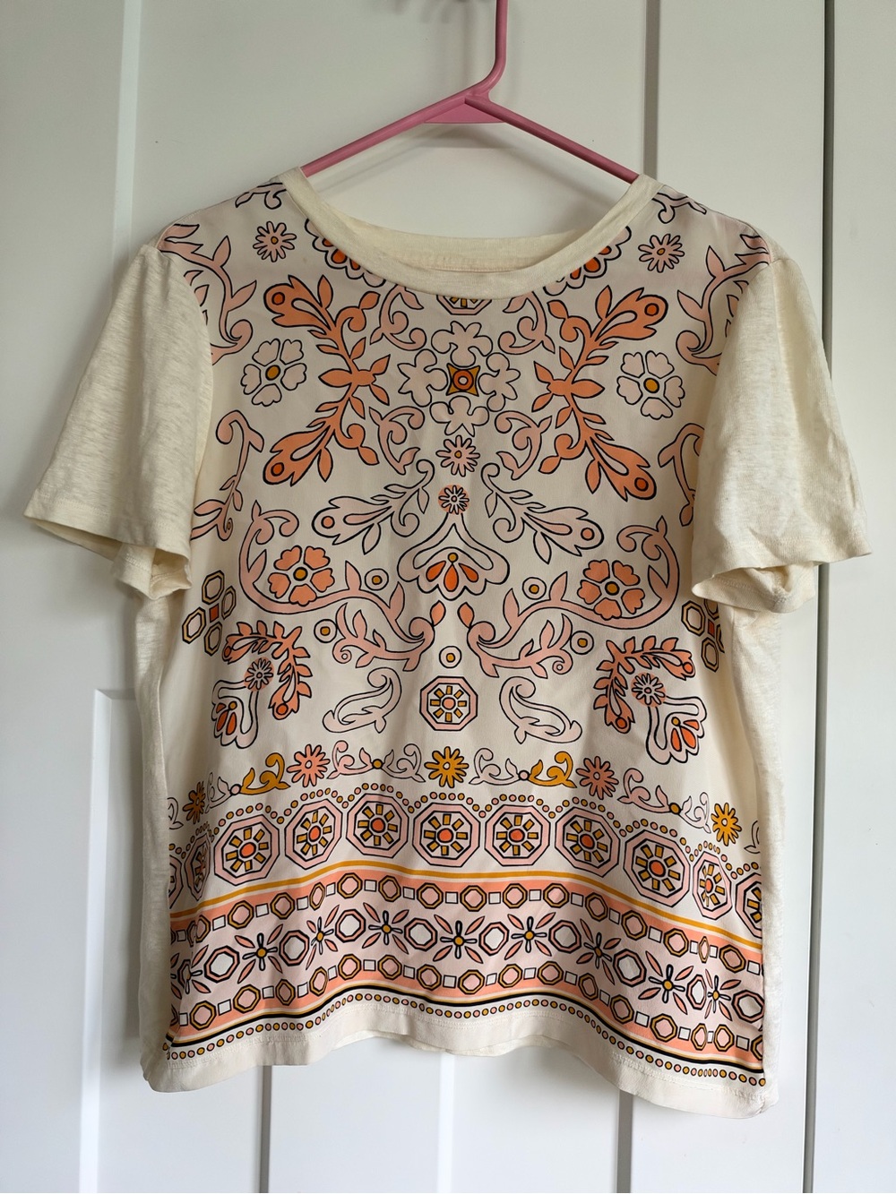 Tory Burch Silk Front Linen Back Floral Print Top Ivory Pink - size medium